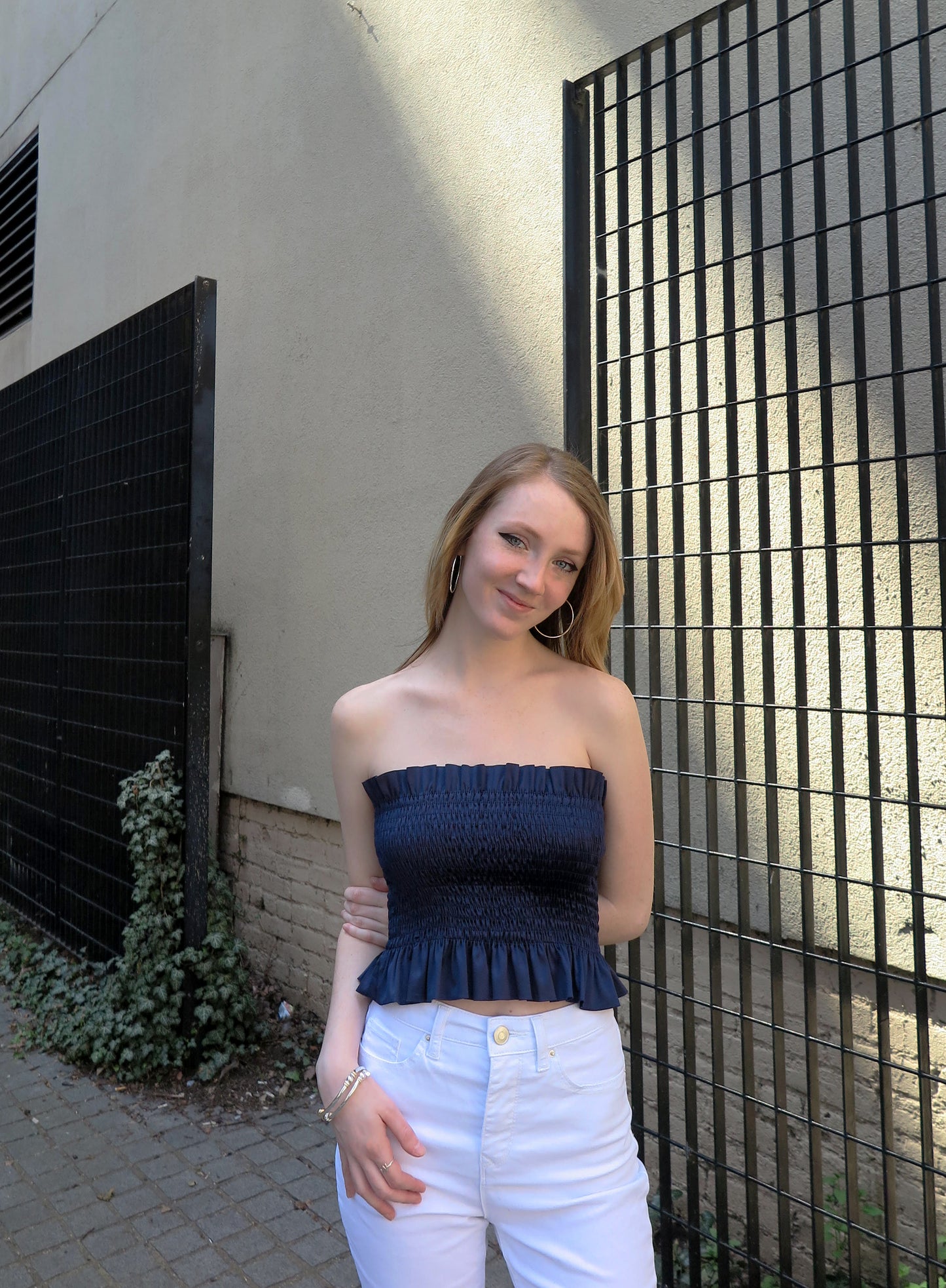 Navy Shirred Tube Top