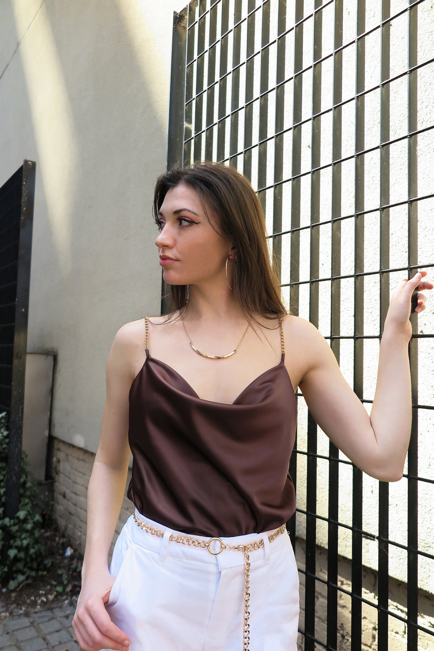 Chocolate Satin Cowl Neck Top